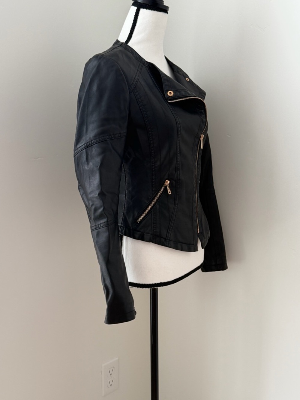 Women's Black Faux Leather Asymmetric Zip Jacket with Gold Hardware - Picture 3 of 12